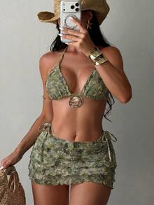 Swim SXY Women's Butterfly Sage Green Print Metal Decor Bikini Top, Bottom And Skirt 3-Piece Set, Sweet Tropical Summer Beach Vacation Party Back To School - Green - View 1