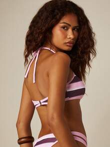 MISSGUIDED Striped Halter Bikini Top With Ring Detail Cut-Out Front And Tie Back Summer Beach Swimwear - Pink - View 3
