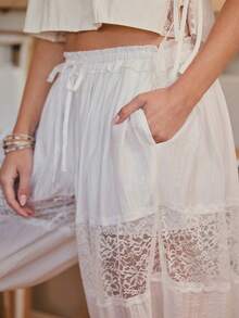 WESTFADE Drawstring Waist Lace Inset Ruffle Balloon Leg White Pant, Casual, Country Style For Women, Summer Vacation Outfit - White - View 6