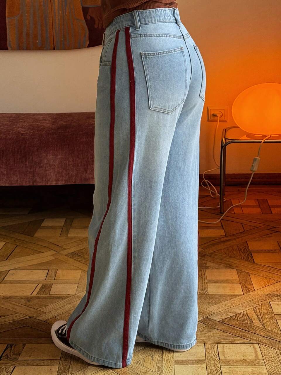 Dazy Plus Light Wash Blue Contrast Tape Patchwork Loose Wide Leg Jeans, Street Style, All Season