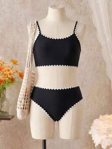 SHEIN 2pcs/Set Tween Girls Black Modest Bikini Sets,Summer Beach Holiday Swimwears,Hepburn Style Square Neck White Shell Edge High-Waisted Knitted Swimsuit - Black - View 4