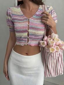 DAZY 女款彩虹條紋收腰長袖V領休閒度假夏季薄針織開襟衫，適合學校穿著 - 粉色 - 查看 4