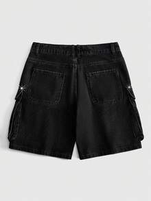 ROMWE MEN Street Life Men's Summer Casual Rivet Decor Denim Shorts - Black - View 2