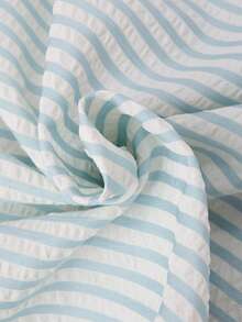 2 peças Conjunto de camisa de manga curta e calções para rapazes adolescentes, primavera/verão, férias, texturado, cor damasco, riscas verticais bolha - Baby Azul - Ver 6