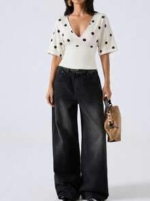 LYSMO Women's Summer Casual Polka Dot Print Patchwork Waist-Defining T-Shirt - Pale Yellow - View 5