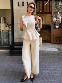 Siren Gaze Luxury-Inspired Sleeveless Linen Two-Piece Set: Cream-Colored Off-Shoulder Top With Decorative Buttons + Loose Wide-Leg Pants. Breathable Summer Set - Apricot - View 3