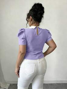 Elenzga 夏季珍珠裝飾 3D 泡泡袖法式復古風短版修身大尺碼 T-shirt - 淡紫色 - 查看 2