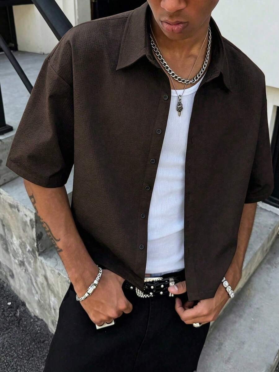 Major Grit 男士素色單排扣百搭休閒短袖襯衫 - 咖啡棕 - 查看 1