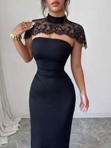 SHEIN Elenzya Fitted Strapless Dress With Lace Stand Collar And Solid Color Cut - Black - View 6