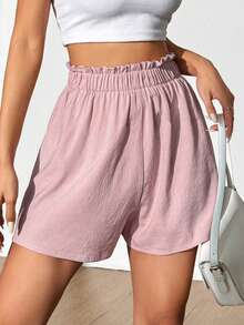 Flirla Celana Pendek Wanita Kasual Sederhana Warna Polos dengan Hiasan Ruffle di Pinggang, Cocok untuk Liburan Musim Panas Warna Merah Muda Pucat - Baby Pink - View 3
