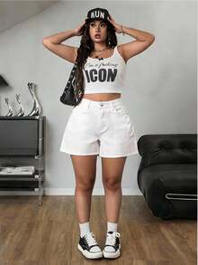 SHEIN ICON 休閒時尚全白經典口袋牛仔短褲，大尺碼寬鬆版型，適合日常穿著、海灘、正式場合與度假，夏季款 - 白色 - 查看 7