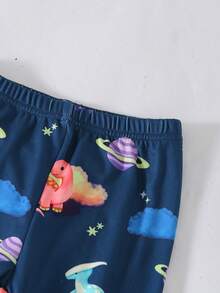 1 Set Boys Dinosaur And Planet Print Fitted Crew Neck Short Sleeve Pajama Set, Including Top And Pants, Spring/Autumn Style - Navy Blue - View 7