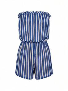 SHEIN Swim 夏季泳裝新款優雅簡約休閒女款藍色條紋紋理面料海灘度假連身罩衫，女款優雅連身褲，女款復活節連身褲，女款感恩節連身褲，女款藍色連身褲，女款休閒連身褲，女款度假連身褲，女款鄉村風連身褲，女款波希米亞風連身褲，夏季海灘穿搭，通勤穿搭，音樂節穿搭，女款假日穿搭，母親節穿搭，夜店，婚禮，週末，野餐，派對，街頭 - 藍色 - 查看 6