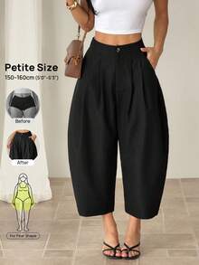 SHEIN PETITE Women's Solid Color Minimalist Casual Pants - Black - View 10