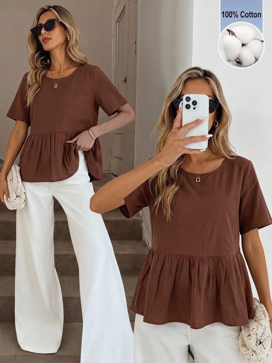 Easowa 100 Cotton Round Neck Ruched Ruffle Hem Short Sleeve Blouse, Casual Commute Brunch Resort Style For Women, Summer Top Coffee Brown - Brown - View 1