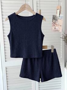 SHEIN Tween Girl Deep Blue Textured Sleeveless Tank Top & Shorts 2-Piece Set, Casual Outfit, Skin-Friendly Wavy Fabric, Round Neck Cropped Top, High-Waist Straight Leg Shorts, Simple Solid Color Commuter Wear, Comfortable Versatile Basic Set, Daily Outing Slouchy Style Essential - Navy Blue - View 3