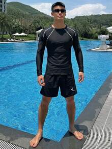 DAZY 男士夏季條紋印花拼色長袖圓領上衣與短褲沙灘套裝 度假風 - 黑色 - 查看 6