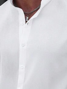 Manfinity Homme Men's Two Pieces Suit,White,Summer,Casual,Vacation,Linen Blend Short Sleeve Stand Collar Henley Shirt And Long Pants Set,Old Money Style Beach Outfits - White - View 5