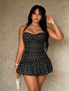 Rustia Plus Size Summer Sexy Polka Dot Halter Neck Tie Waist Ruched Cinched Waist Slimming Bud-Shaped Mini Dress - Black - View 5