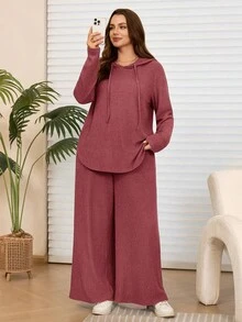 EMERY ROSE 大尺碼女款休閒深灰色連帽衛衣與長褲2件套，附口袋，秋冬款 - 玫瑰紅 - 查看 2