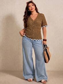 Elaquor Plus Size Contrast Trim Short Sleeve Hollow Out Knit Cardigan Fall - Rust Brown - View 3