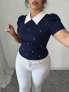 Elenzga 夏季珍珠裝飾 3D 泡泡袖法式復古風短版修身大尺碼 T-shirt - 寶藍色 - 查看 4