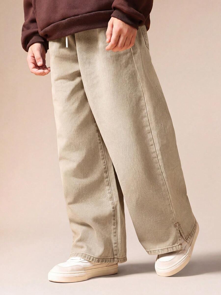 SUMWON Boys Pull On Wide Leg Jeans With Split Hem Details Relaxed Fit Casual Denim Pants - Beige - View 1