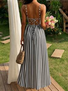Cévolie Women's Vacation Striped Backless Knot Design Cami Dress - Black and White - View 3