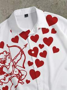 Manfinity ZONE917 Boxy Cropped Street Style Fun Red Little Angel All-Over Heart Print White Short Sleeve Shirt, Suitable For Spring And Summer, Gift For Boyfriend - Multicolor - View 2