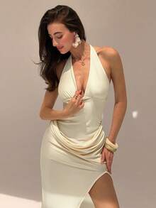 SHEIN Glamour 黄色亮面露肩高开衩修身无袖不对称长裙，高端优雅礼服，舞会礼服，嘉年华节日装扮，街头风，演唱会装扮，夜店装扮，约会装扮，女士生日装扮，派对必备单品，婚礼派对礼服，时尚花卉元素，缎面连衣裙 - 黃色 - 查看 6