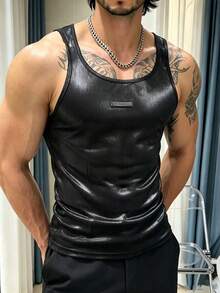 Manfinity Dauomo 夏季男士休閒度假性感修身人造皮革無袖背心上衣 - 黑色 - 查看 5