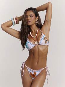 SHEIN BAE Women's Beaded Plaid Colorblock Halter Tie Bikini Top - Multicolor - View 3