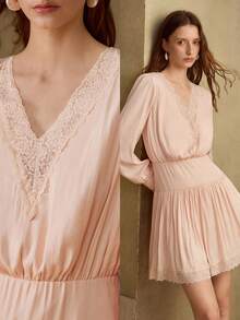 MOTF PREMIUM ELEGANT LACE PATCHWORK V-NECK CINCHED WAIST LUXURIOUS DRESS FOR WOMEN - Pink - View 6