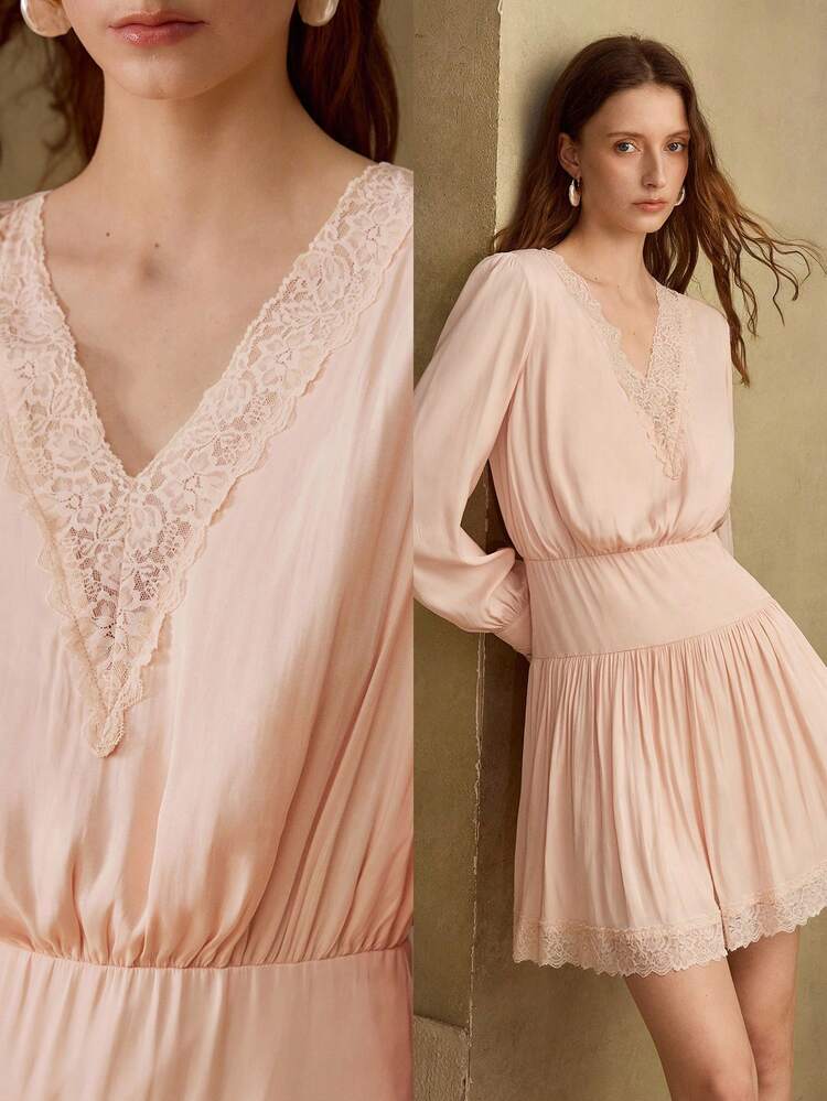 ELEGANT LACE PATCHWORK V-NECK CINCHED WAIST LUXURIOUS DRESS FOR WOMEN