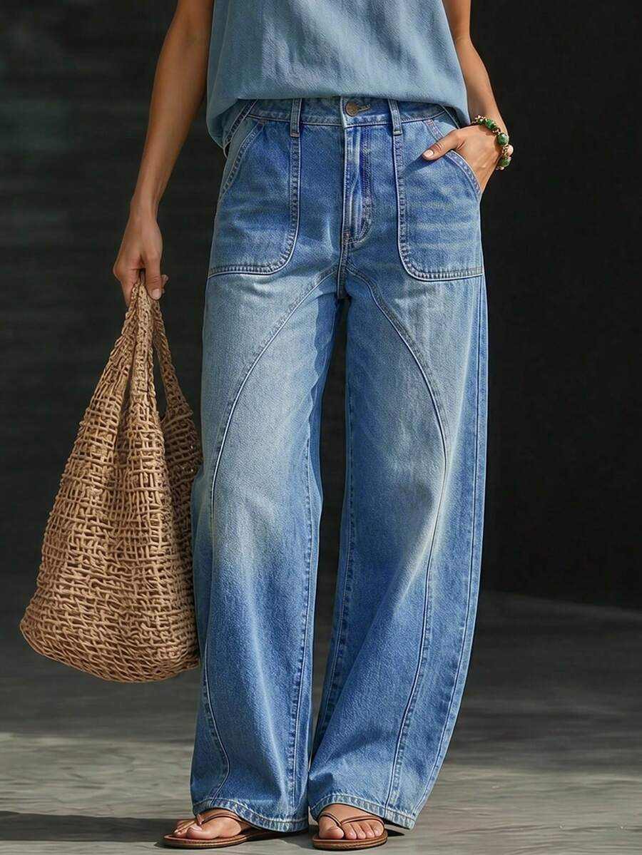 EMERY ROSE Jeans casuales de uso diario con bolsillos y botones para mujer - Azul - Ver 1