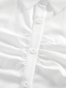 SHEIN 兒童青少年女童襯衫 秋冬新款 白色素色 壓褶鈕扣長袖襯衫 白色領襯衫 白色襯衫 通勤休閒百搭 開學季 腰部設計 長袖襯衫 鈕扣襯衫 - 白色 - 查看 4
