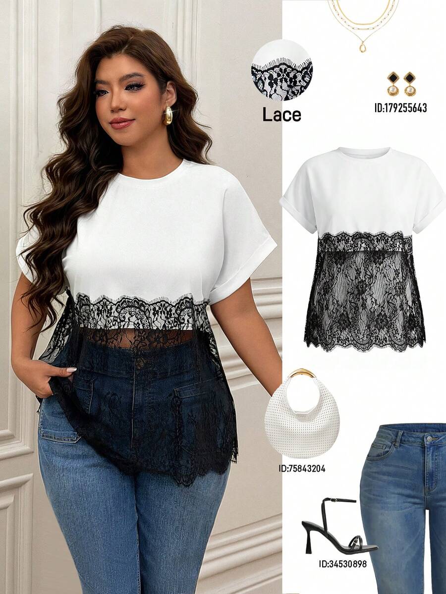 Femmeverse Plus Size Women's Spring/Summer Fashion Loose Elegant Casual Lace Patchwork Color Block Short Sleeve T-Shirt Date Night White - Black and White - View 1