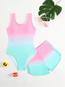 Cute Gradient Girls' One-Piece Swimsuit And Boy Shorts Two Pieces Set (Custom Print) - Multicolor - View 1