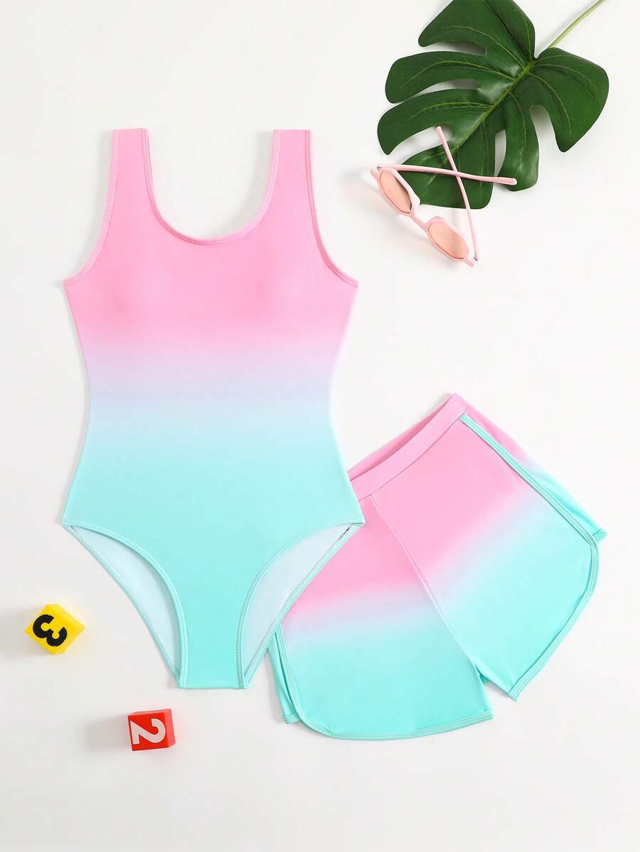 Cute Gradient Girls' One-Piece Swimsuit And Boy Shorts Two Pieces Set (Custom Print) - Multicolor - View 1