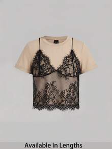 SHEIN Tall CURVE Áo thun tay ngắn cổ tròn phối ren trắng cỡ lớn mùa hè (2 trong 1) - Màu be - Xem 6