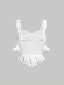 SHEIN MOD White Oversized 3D Bow Lace Flower Hem Frilled Edge Top, Perfect For Summer Parties & Royal Dates - White - View 2
