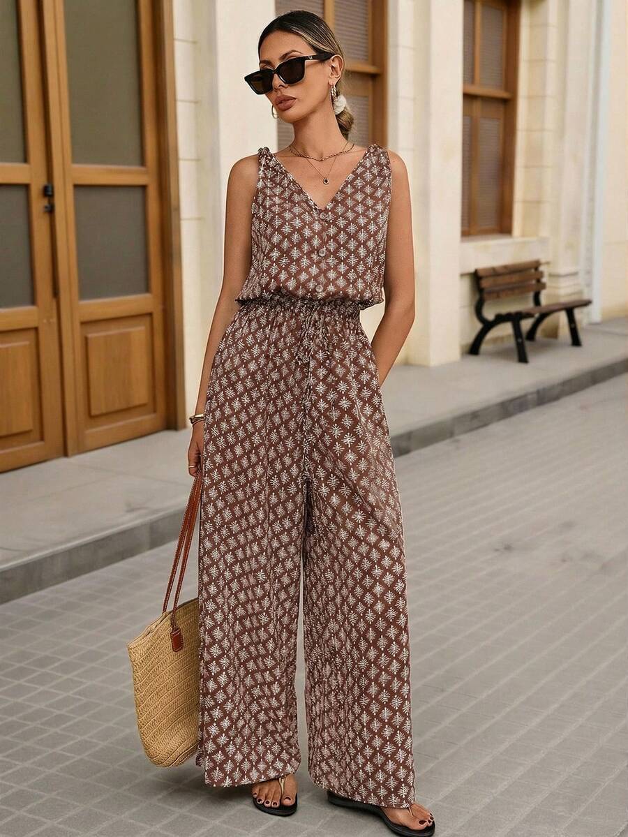 Brillora Jumpsuit Wanita Tanpa Lengan dengan Motif Cetak dan Leher V - Coklat - View 1