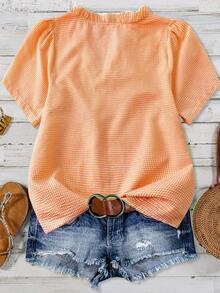 Linhara Women's Plus Size Solid Color Textured Fabric V-Neck Short Sleeve Casual Regular Shirt Going Out Tops Vacation Club - Orange - View 2