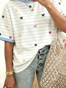 EMERY ROSE This Sweet-Style Striped Print T-Shirt Is Perfect For Everyday Casual Wear And Suitable For Spring, - Multicolor - View 3