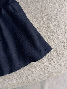 Tween Girl Tween Girls Navy Blue Knit Casual Vacation Home Versatile Hollow Texture Ruched A-Line Low Waist Mini Skirt, Suitable For All Seasons - Navy Blue - View 8