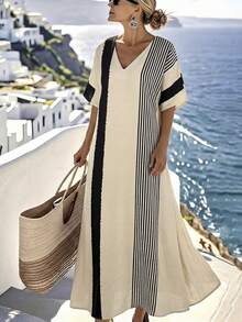 Isle Nomé Women's Fashion Casual Black And White Colorblock Asymmetric Stripe Mid-Sleeve Loose Long Maxi Dress Spring Summer Bohemian Vacation Slouchy V-Neck - Multicolor - View 4