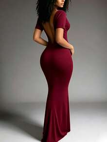INAWLY Solva Women's Solid Color Elegant Elegant Mermaid Hem Dress Evening Formal - Burgundy - View 1