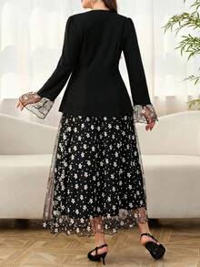 Amorya Women's Metal 3D Floral Decor Long Sleeve Top & Skirt Elegant 2 Pieces Set - Black - View 4