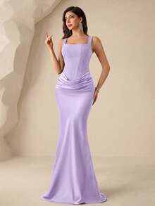 Coutiva Women's Solid Color Pleated Elegant Waist-Defining Evening Gown Dress - Purple - View 8