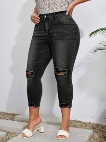 EMERY ROSE Plus Size Casual Distressed Denim Capri Pants Formal Black Summer - Black - View 4